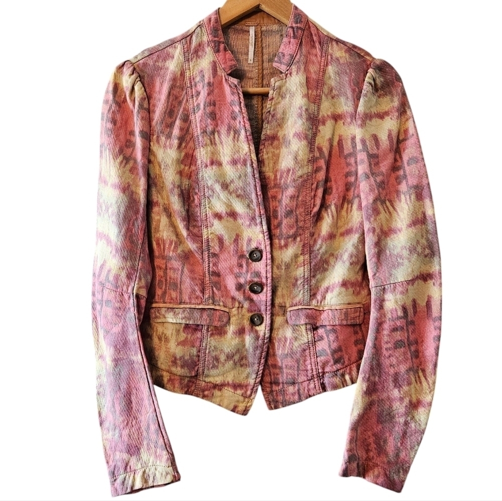 Free People Y2K Tie Dye Batik Boho Hippie Cropped Cotton Casual Blazer Size 6.